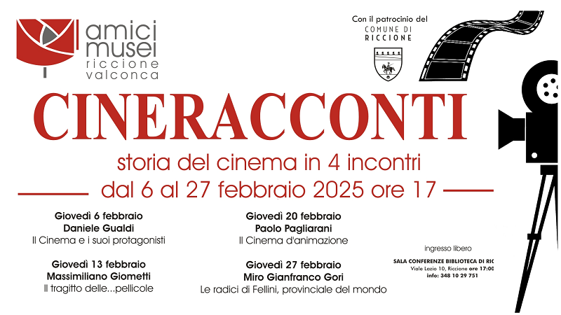 Locandina CINERACCONTI storia del cinema in 4 incontri dal 6 al 27 febbraio 2025 ore 17